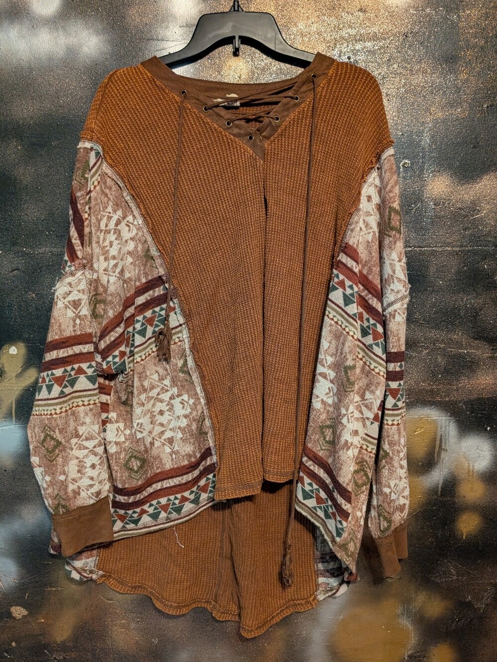 Lace-Up Thermal Pullover Sweater with Patterned Sleeves - Rust Brown